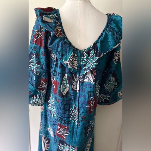 Vintage 1980 Tropical Cotton‎ Hawaiian Ruffled Coastal Bohemian Teal Maxi Dress - Picture 7 of 14